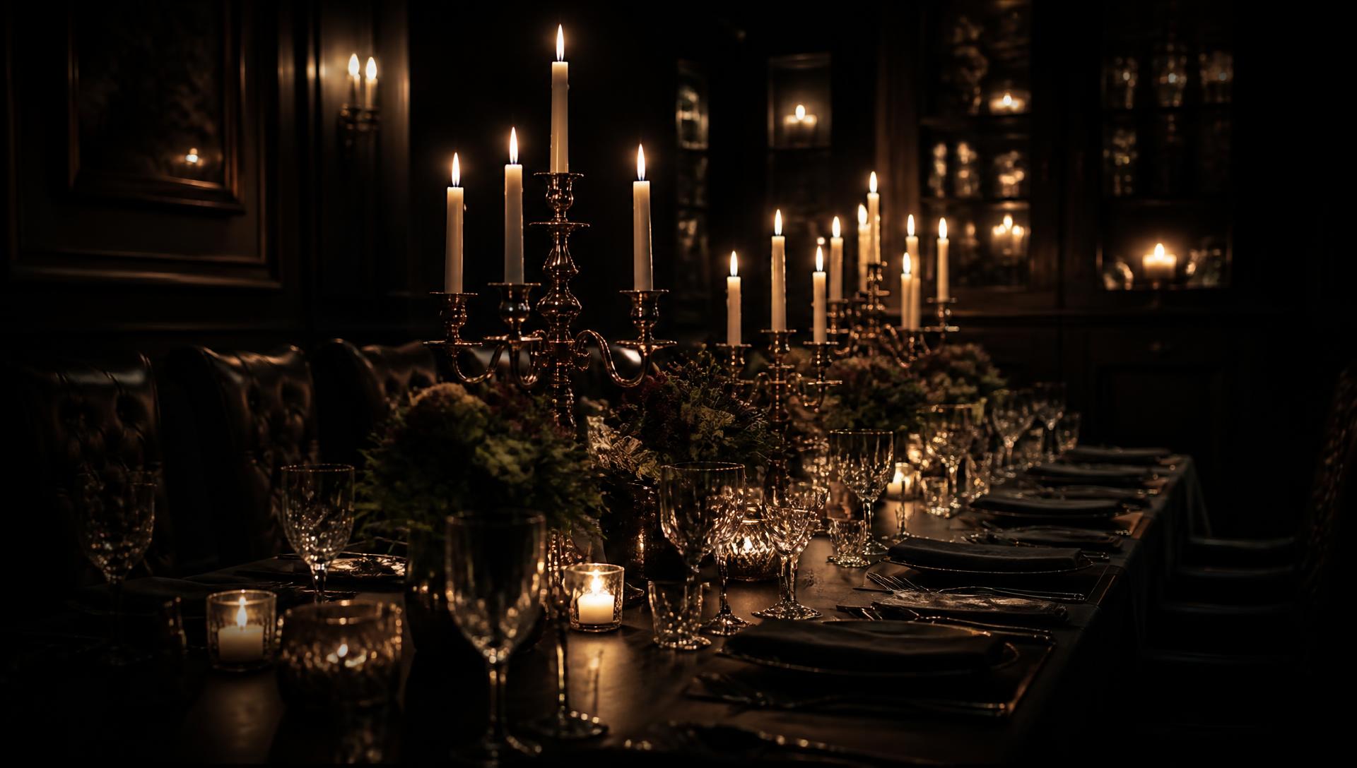 Candlelit private dining table set for an evening celebration